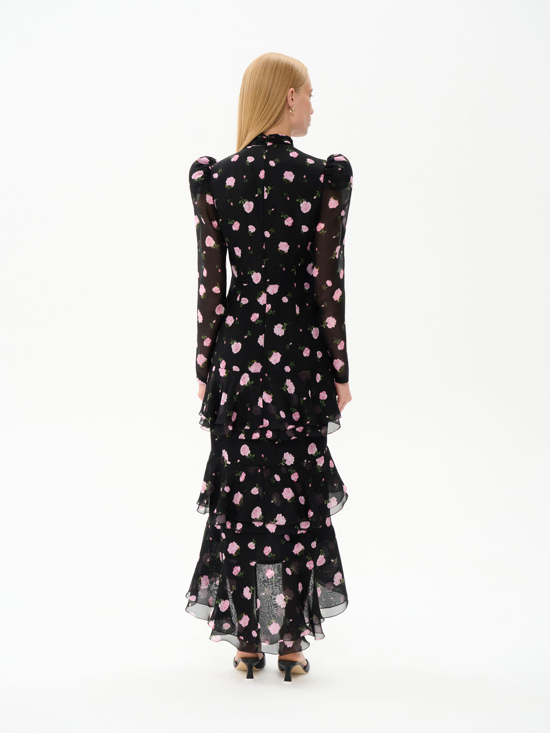 BEATRICE, MIDI DRESS BLACK WITH PINK ROSE PRINT