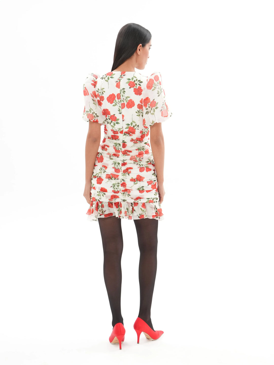 JOSEPHINE, SHORT SLEEVE MILK WHITE MINI DRESS WITH MEDIUM RED FLOWERS