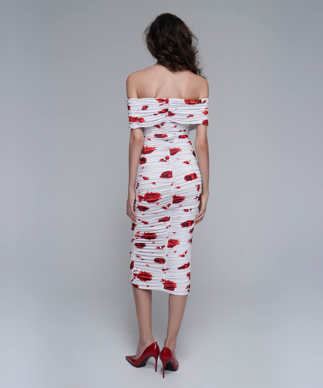 IREN, MIDI DRESS MADE OF IVORY BIFLEX WITH RED FLOWERS