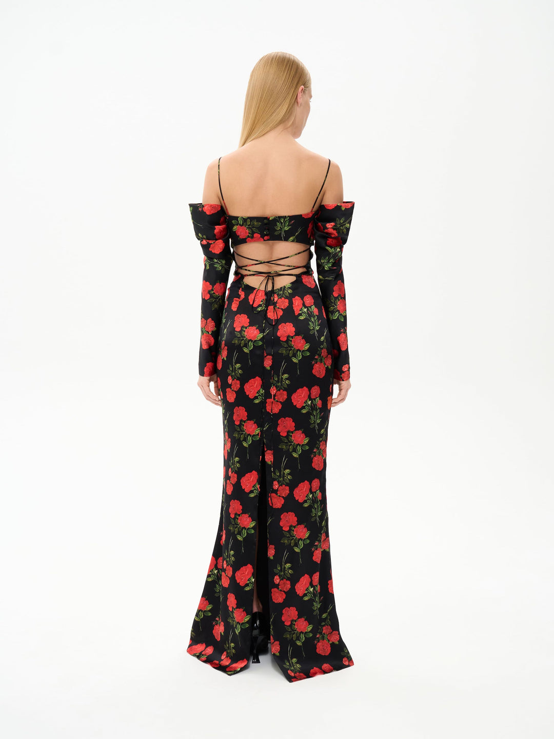 MARLEN, MAXI DRESS BLACK WITH RED ROSE PRINT