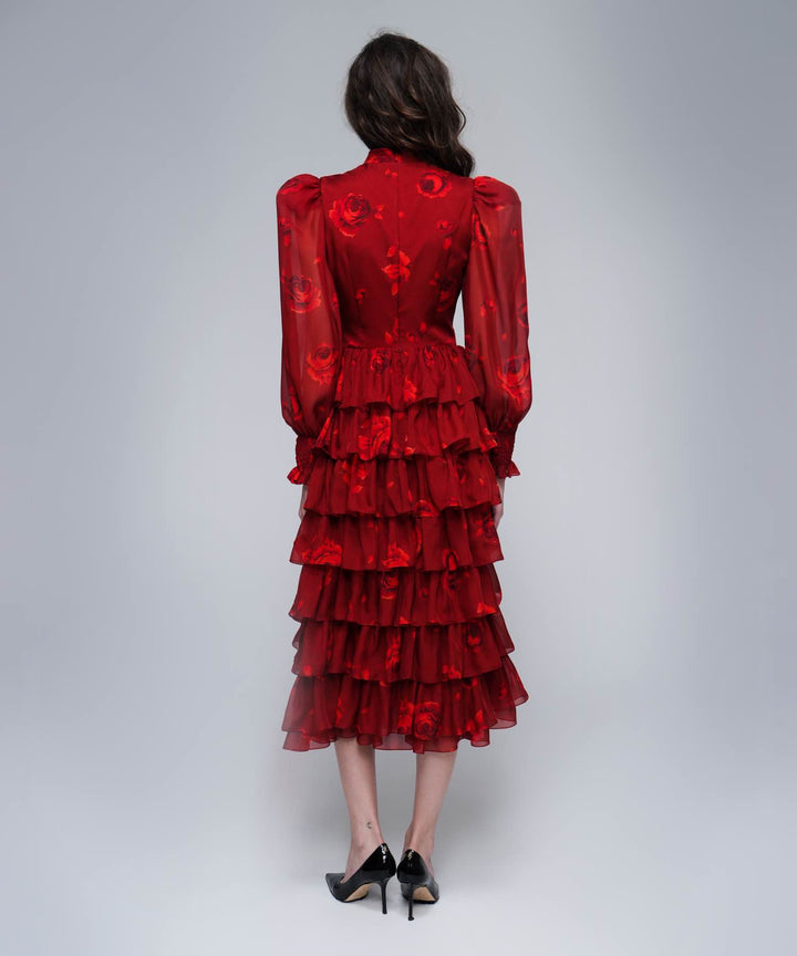 VALERIE MIDI, MIDI DRESS MADE OF BURGUNDY CHIFFON WITH RED FLOWERS