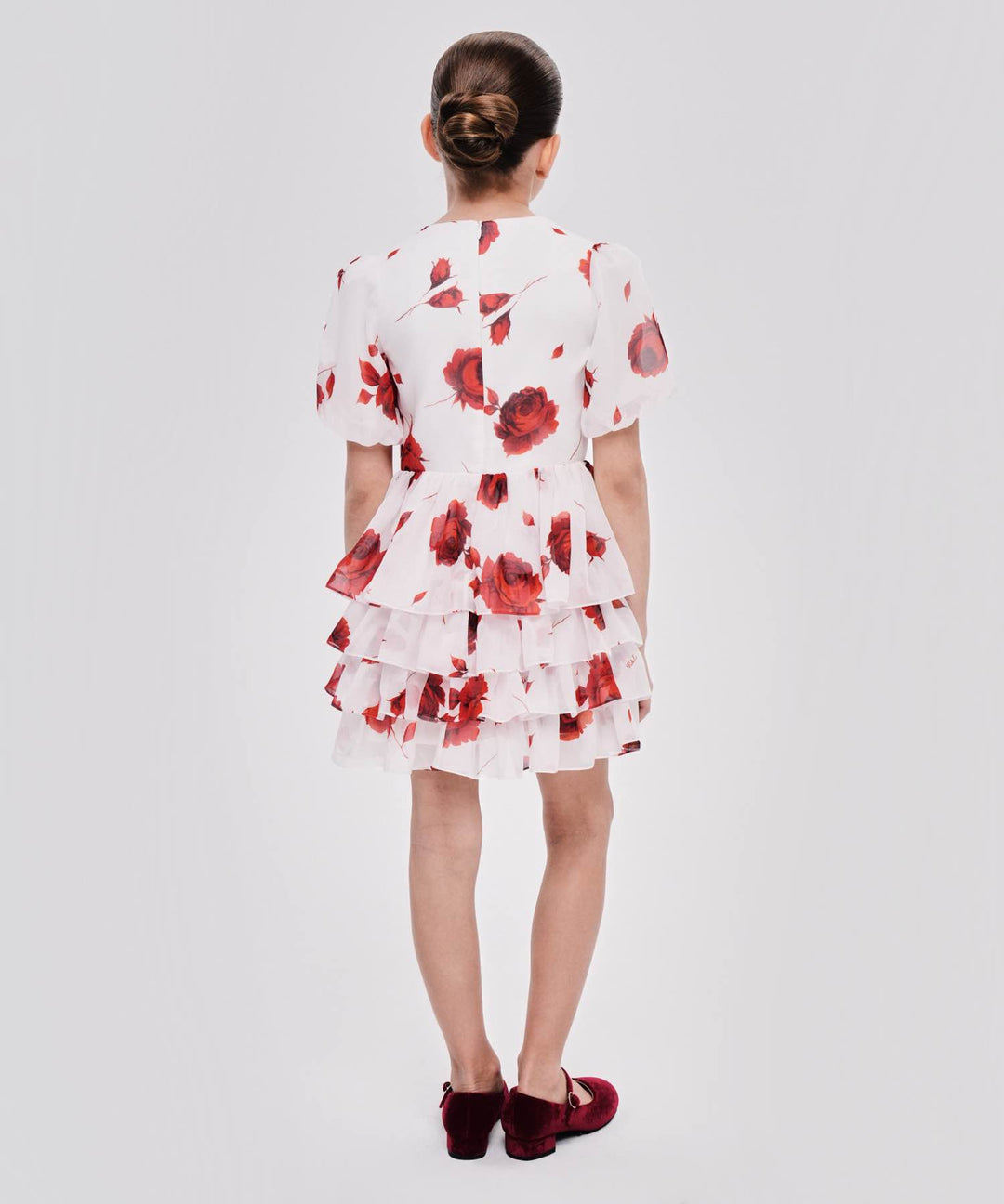 FIFI, CHILDREN'S DRESS MADE OF IVORY CHIFFON WITH RED FLOWERS