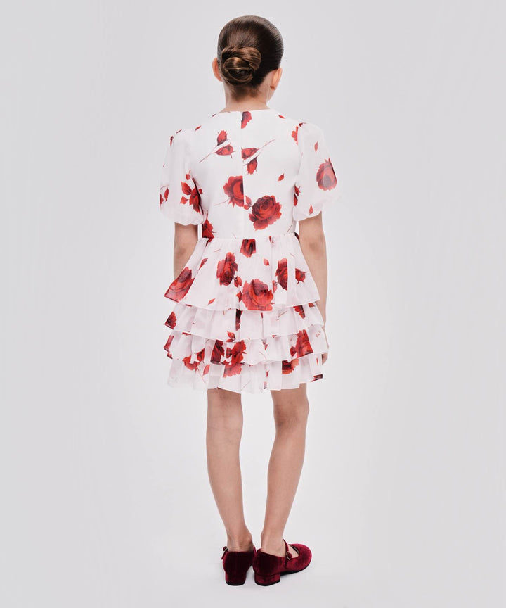 FIFI, CHILDREN'S DRESS MADE OF IVORY CHIFFON WITH RED FLOWERS