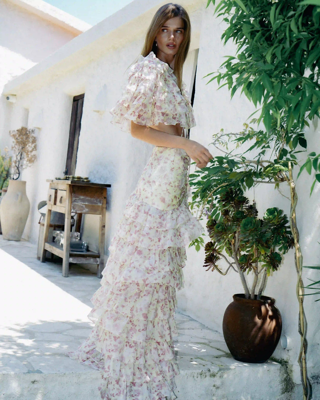 Lissa, maxi skirt made yellow chiffon with medium light pink flowers