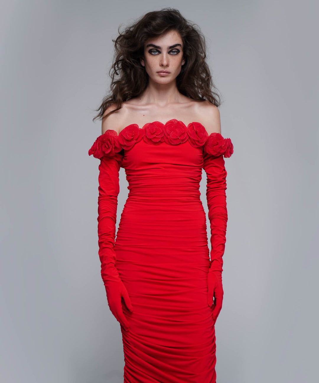 FLORENCE, MIDI DRESS MADE OF RED BIFLEX