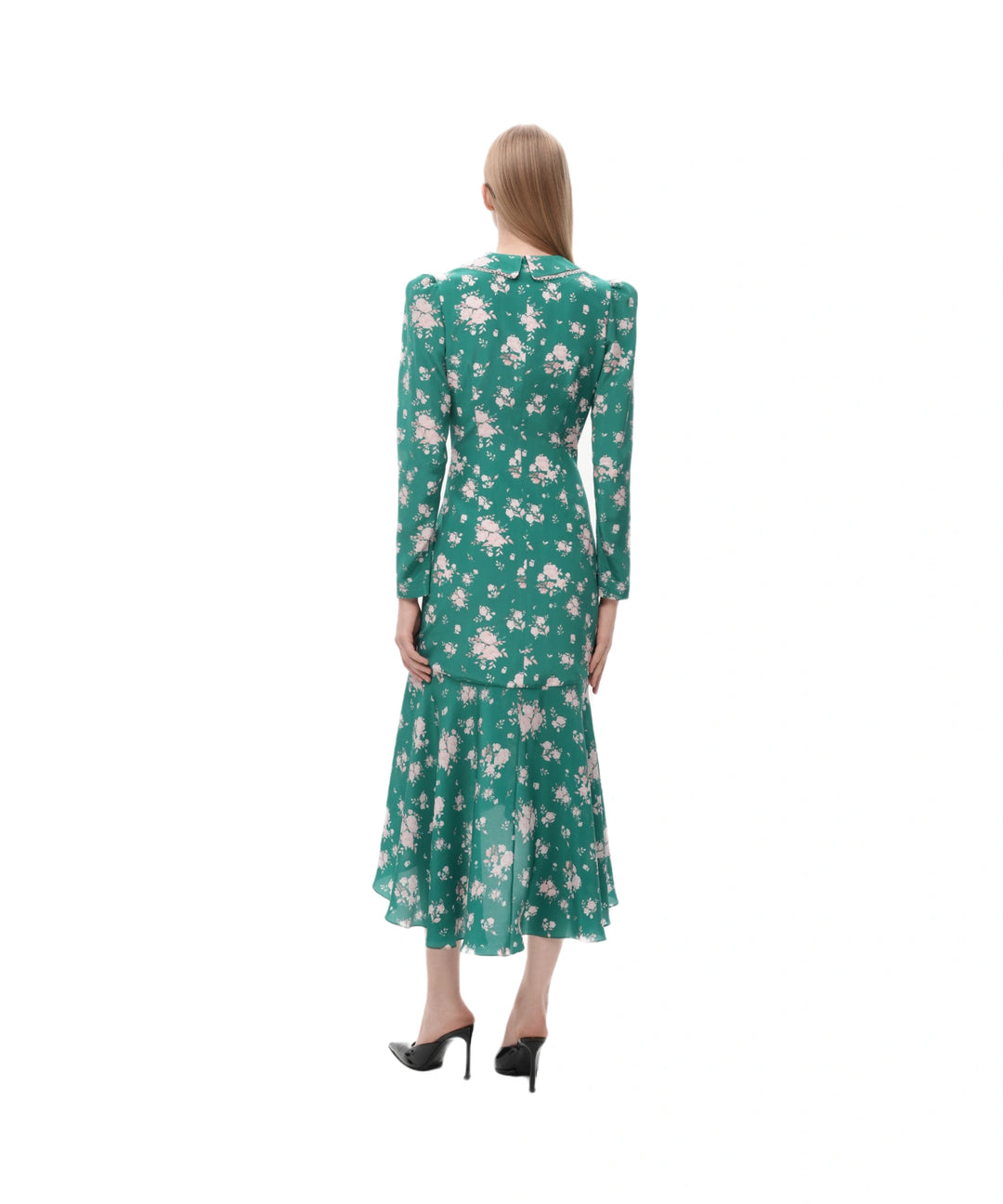 AUDRICE, GREEN CREPE DE CHINE MIDI DRESS WITH MEDIUM LIGHT PINK FLOWERS