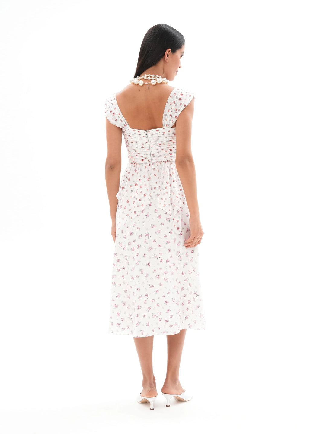 KERRY, MIDI SKIRT, MILKY WHITE WITH SMALL RASPBERRY FLOWERS