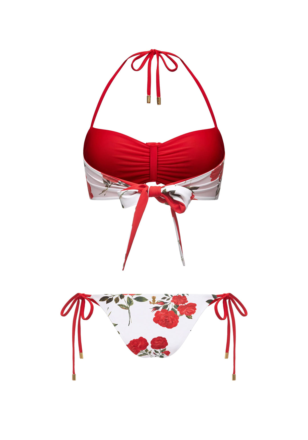 ROSEMARY, REVERSIBLE SWIMSUIT: BANDEAU TOP WITH A ROSE AND TIE-SIDE BIKINI BOTTOMS, MILKY WHITE WITH MEDIUM RED FLOWERS / RED