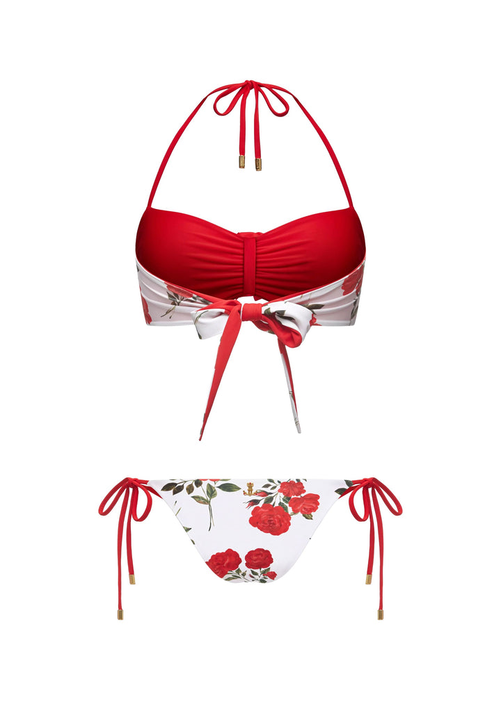 ROSEMARY, REVERSIBLE SWIMSUIT: BANDEAU TOP WITH A ROSE AND TIE-SIDE BIKINI BOTTOMS, MILKY WHITE WITH MEDIUM RED FLOWERS / RED