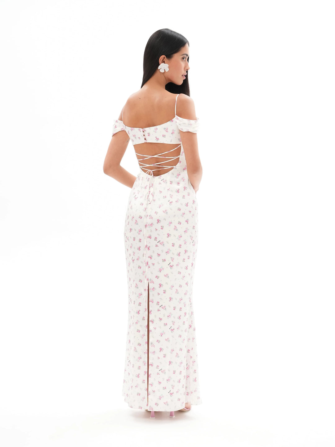 MARLEN, AN MILK WHITE MAXI DRESS WITH SHORT SLEEVES, ADORNED WITH SMALL RASPBERRY FLOWERS