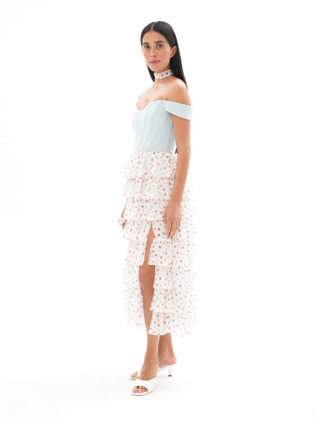 LISEN, A CORSET MIDI DRESS IN CREAMY WHITE ADORNED WITH DELICATE RED FLOWERS