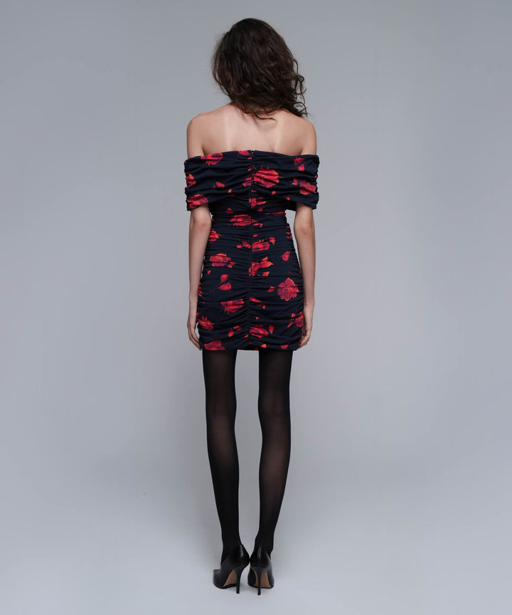 IREN MINI, MINI DRESS MADE OF BLACK BIFLEX WITH RED FLOWERS