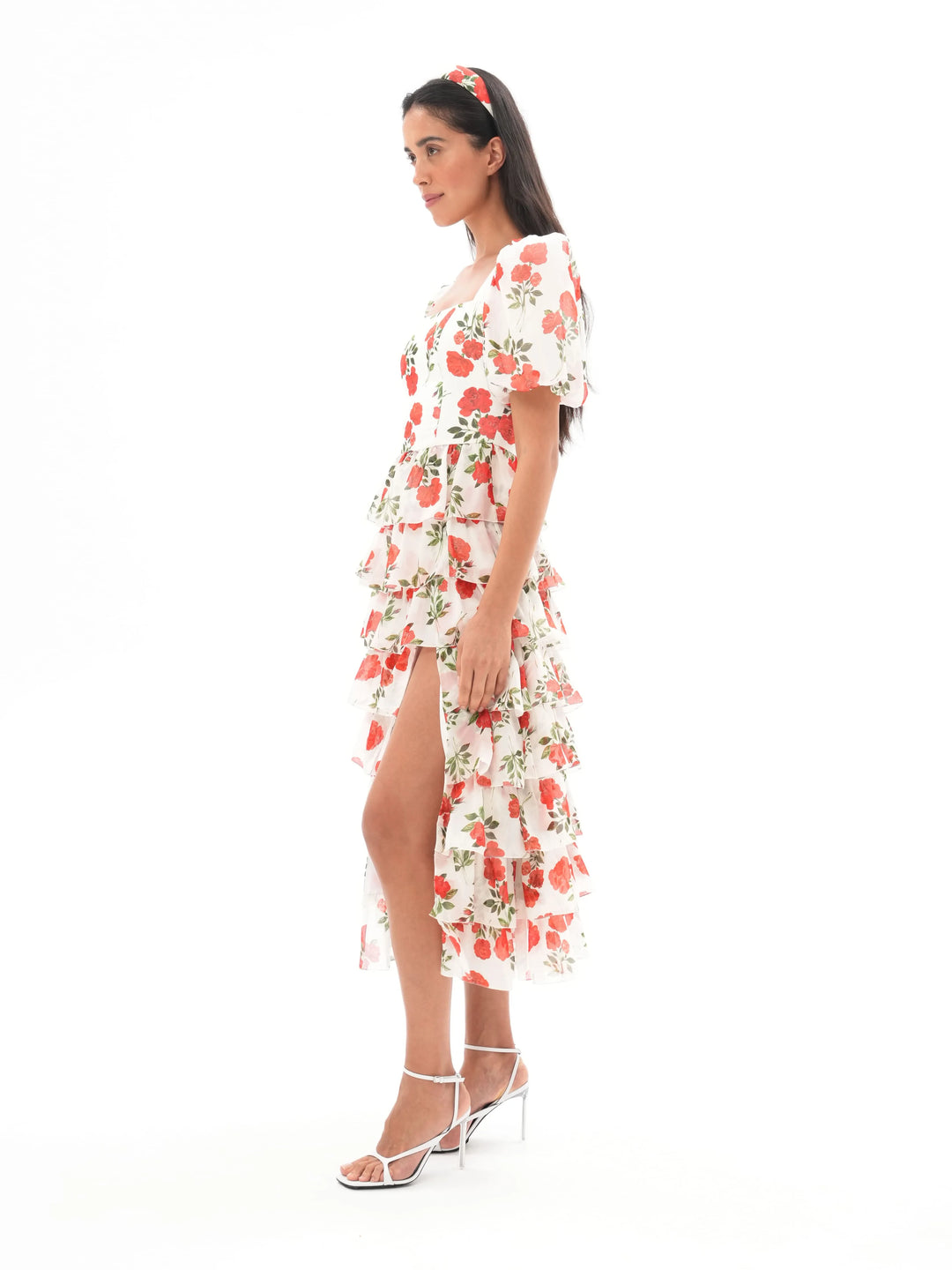 SUSANNA, SILK MAXI DRESS WITH FEATURING SCALLOPED TIERS FLORAL PRINT DRESS