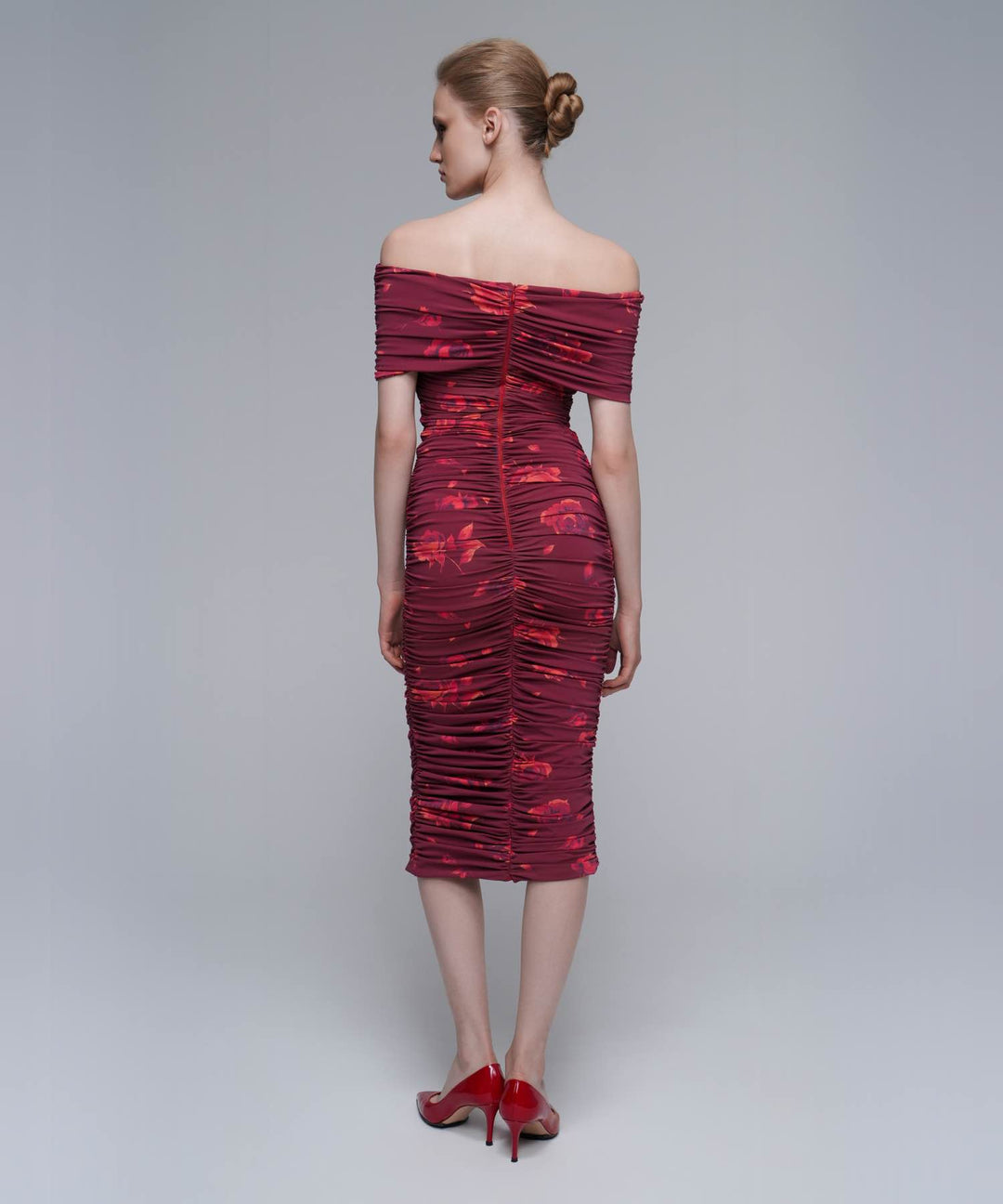 IREN, MIDI DRESS MADE OF BURGUNDY BIFLEX WITH LARGE RED FLOWERS