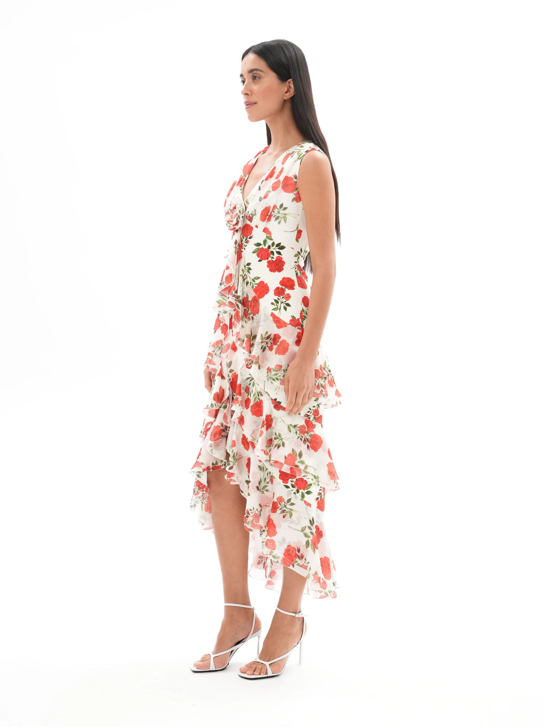 BEATA, A MIDI DRESS IN A CREAMY MILK   WITH DELICATE CRIMSON BLOSSOMS