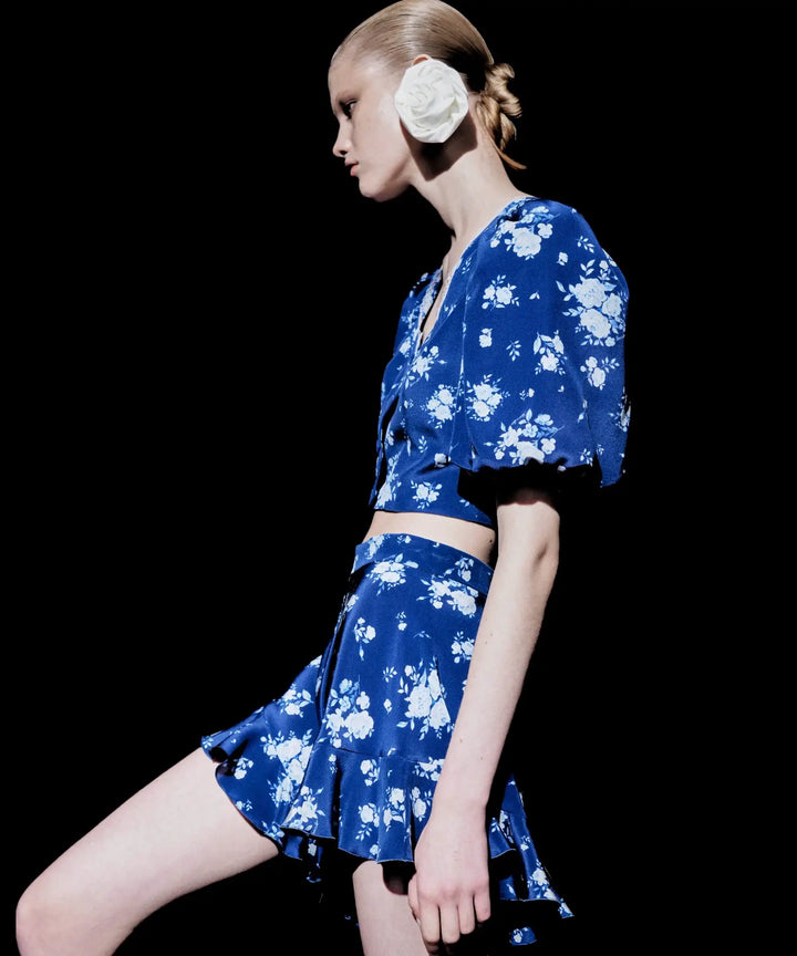 Chanelle, cropped jacket with puff sleeves, blue with medium blue flowers