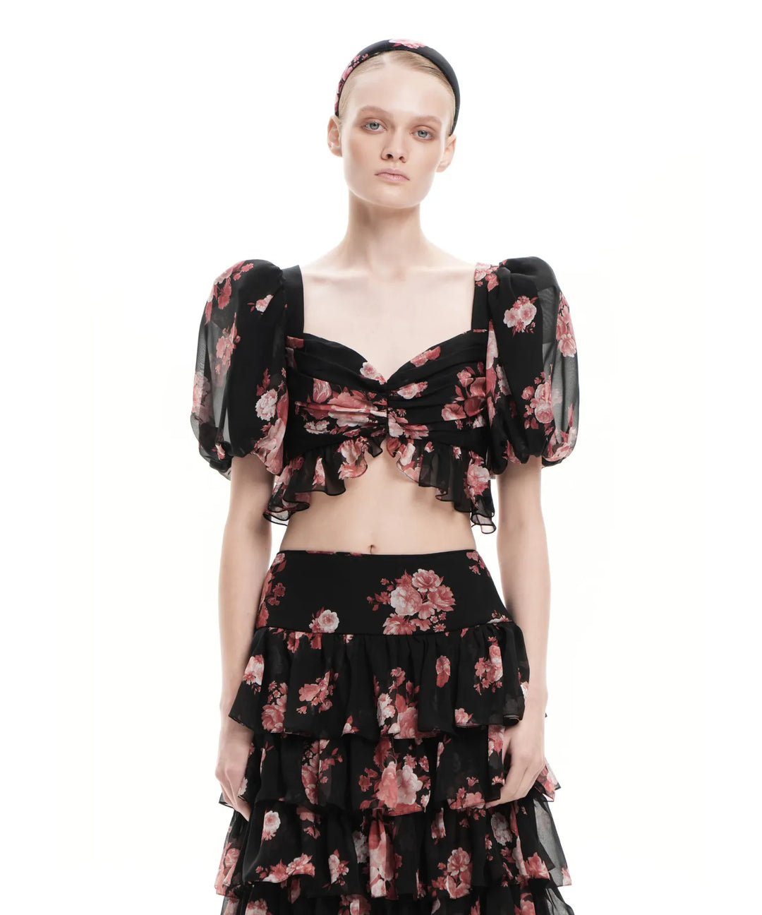 MELISA, BLACK CHIFFON CROP TOP WITH LARGE BURGUNDY FLOWERS