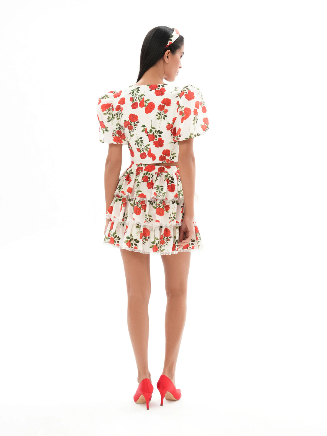 BETTY, MINI SKIRT WITH RUFFLES, MILKY WHITE WITH MEDIUM RED FLOWERS