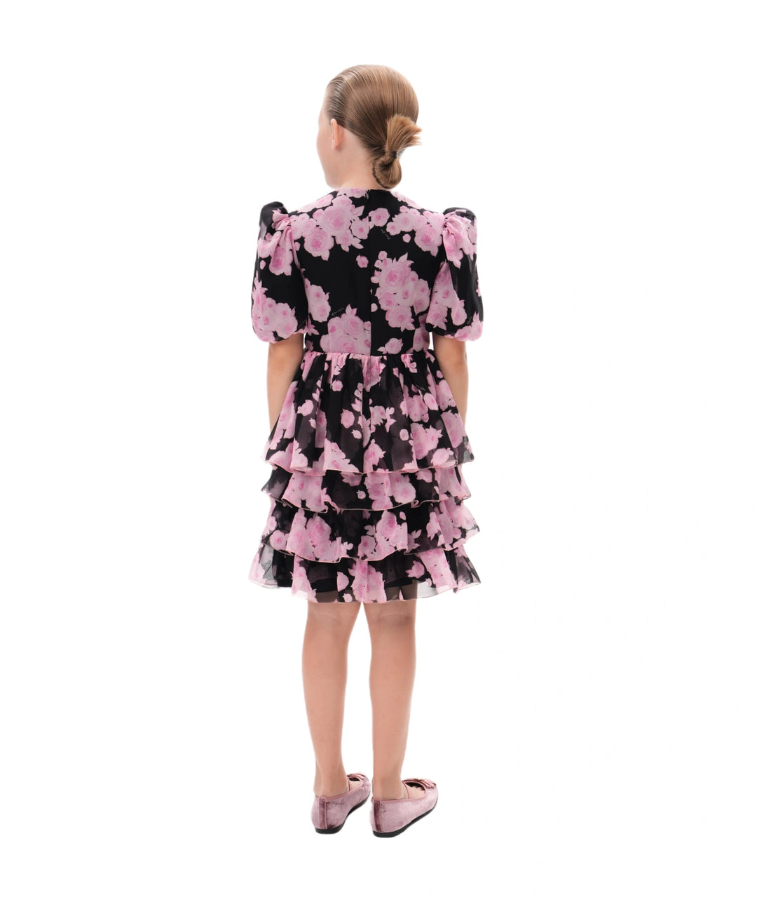 FIFI, CHILDREN DRESS BLACK CHIFFON WITH PINK FLOWERS