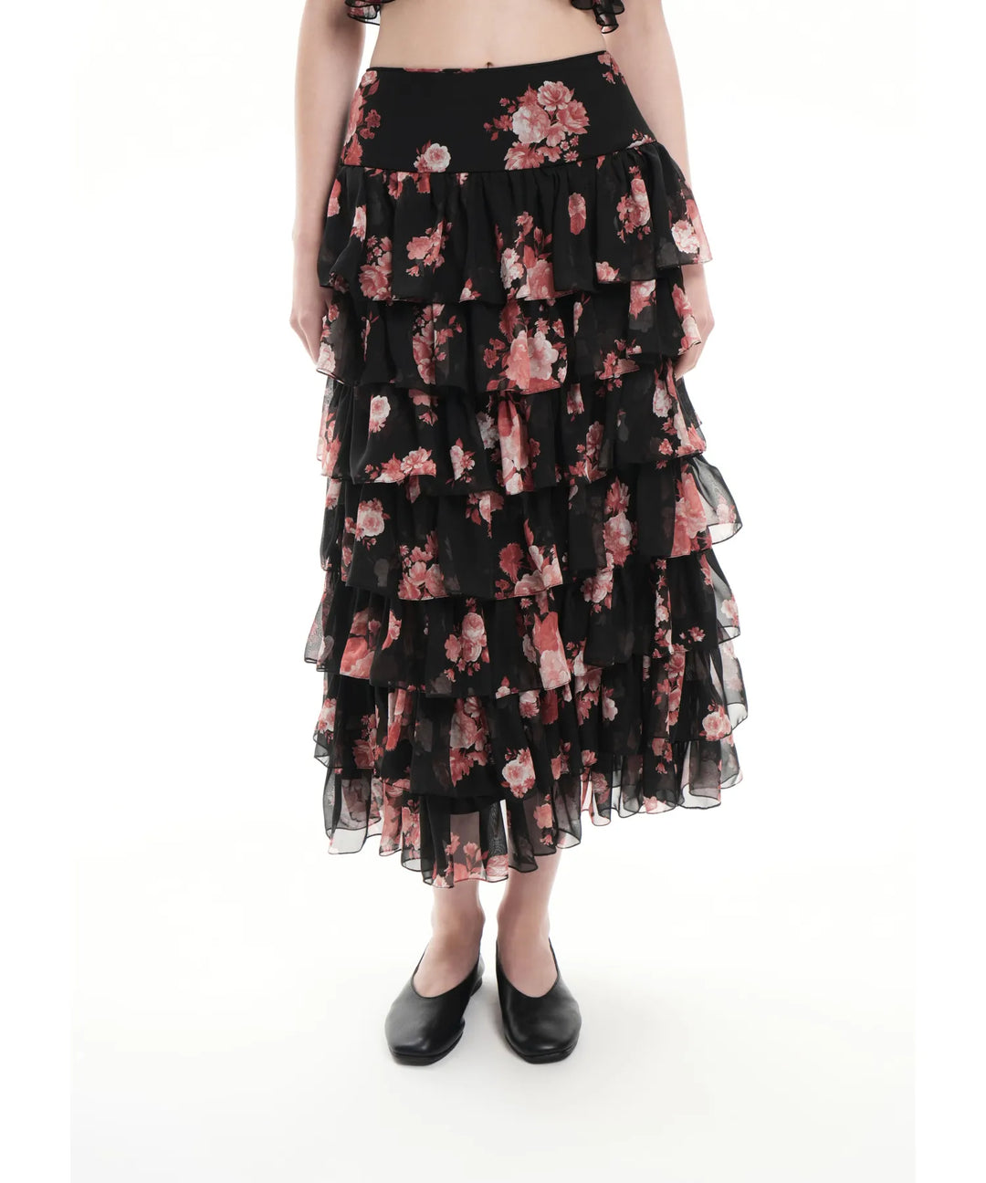 CARMELITA, BLACK CHIFFON MIDI SKIRT  WITH BURGUNDY FLOWERS