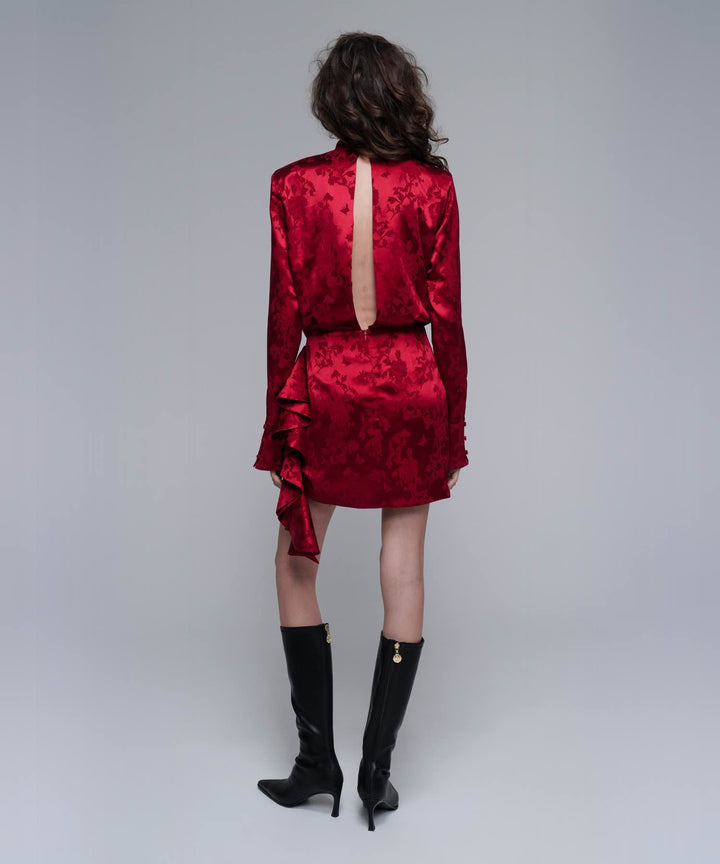 LEAH, MINI DRESS MADE OF RED JACQUARD WITH RED FLOWERS