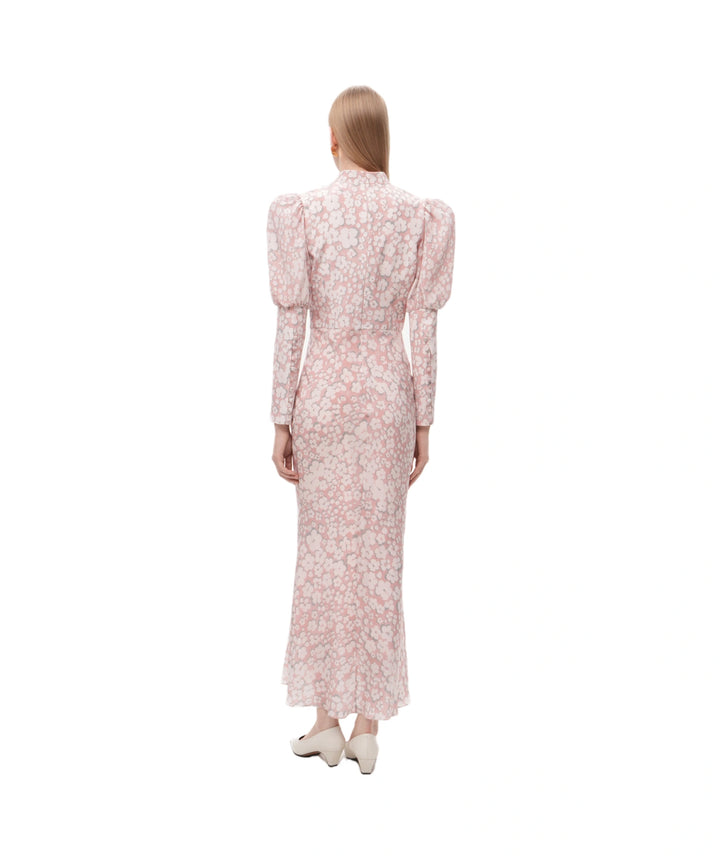 GIANNETTA, PINK CREPE DE CHINE MIDI DRESS WITH MEDIUM MILKY FLOWERS