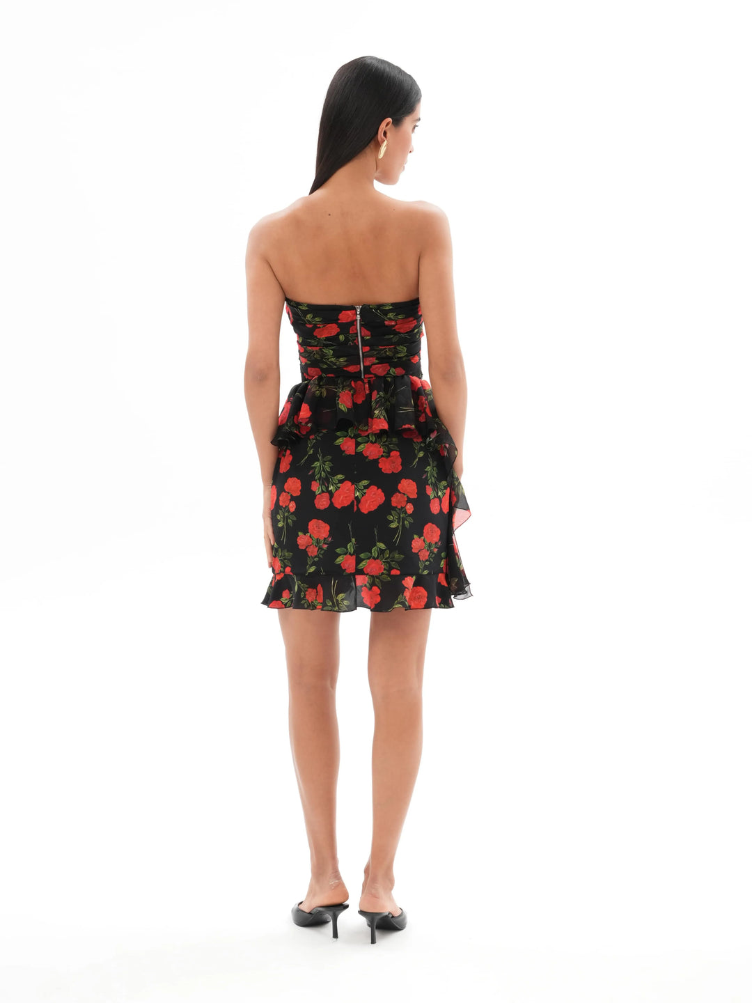 JOAN CORSET TOP WITH ASYMMETRICAL PEPLUM, BLACK ADORNED WITH MEDIUM RED FLOWERS