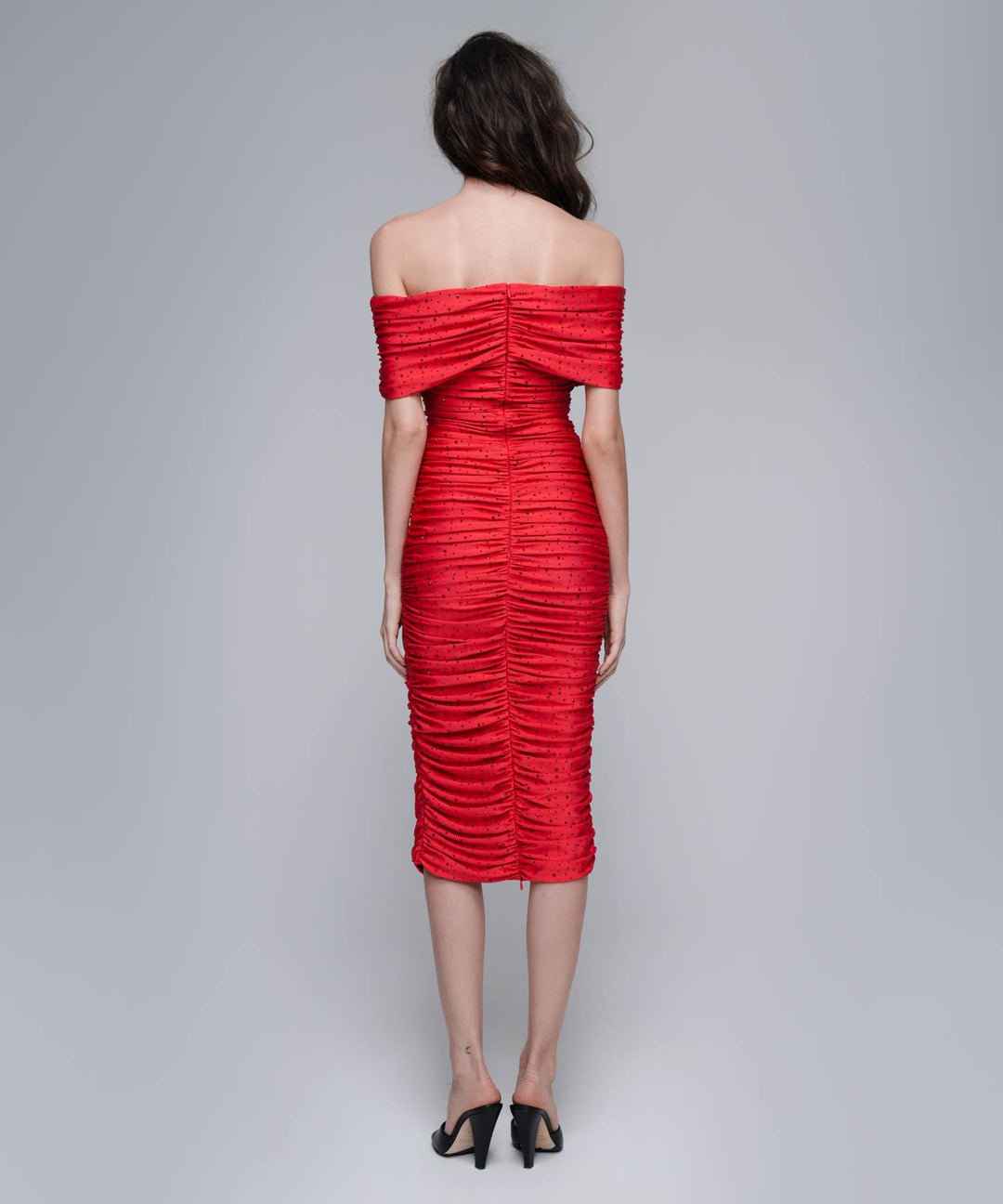 IREN, MIDI DRESS MADE OF RED BIFLEX WITH RHINESTONES