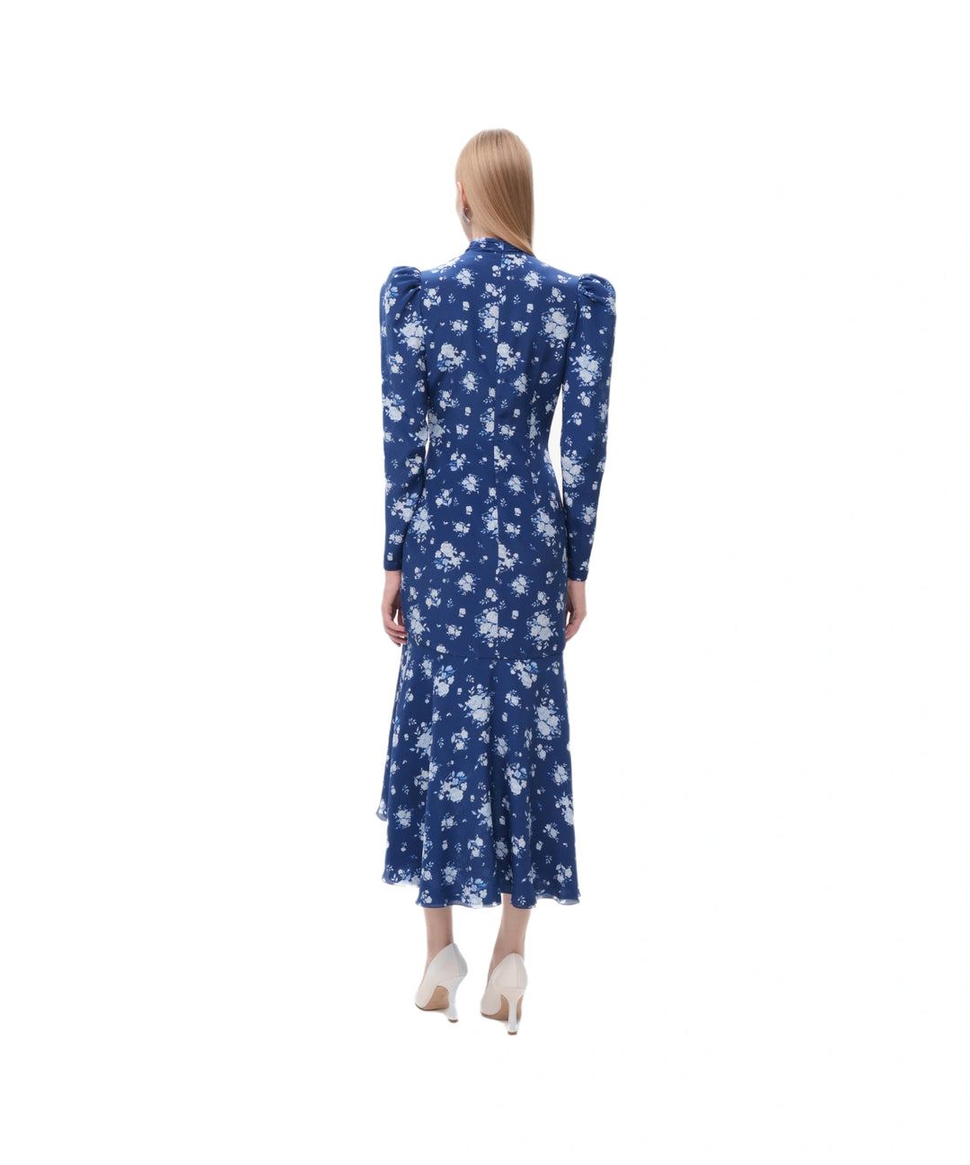 BEAH, BLUE CREPE DE CHINE MIDI DRESS WITH MEDIUM BLUE FLOWERS