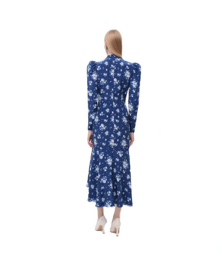 BEAH, BLUE CREPE DE CHINE MIDI DRESS WITH MEDIUM BLUE FLOWERS