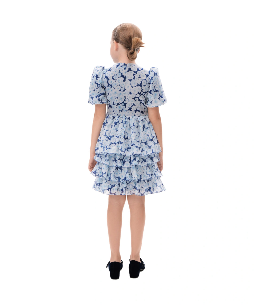 FIFI, CHILDREN DRESS BLUE CHIFFON WITH MEDIUM LIGHT BLUE FLOWERS