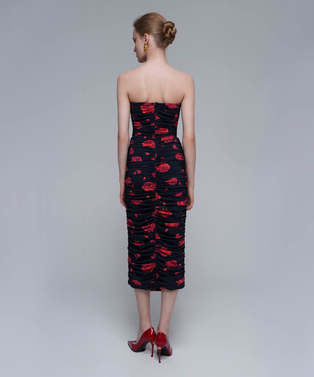 NICOLE, MIDI DRESS MADE OF BLACK BIFLEX WITH RED FLOWERS