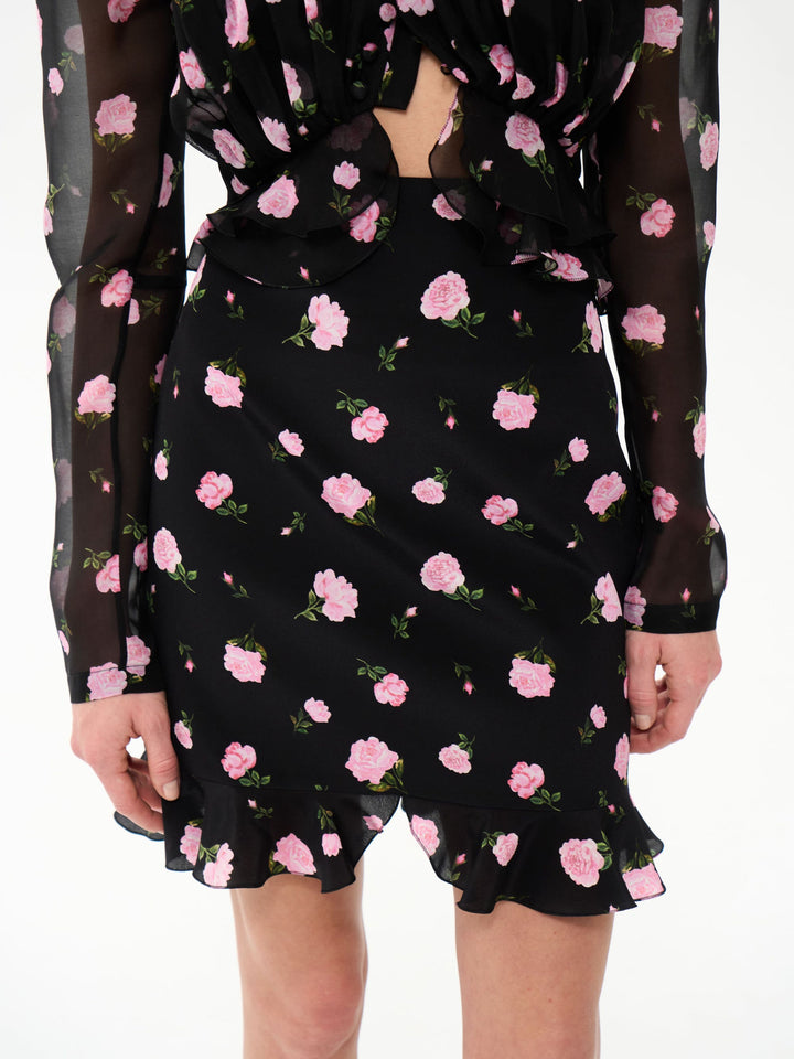 MONA, MINI SKIRT BLACK WITH PINK ROSE PRINT