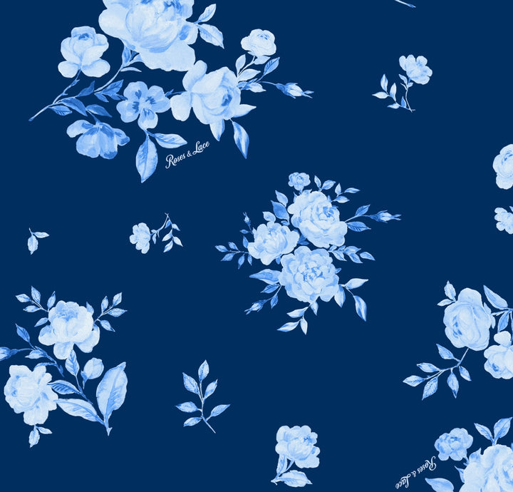 Chanelle, cropped jacket with puff sleeves, blue with medium blue flowers