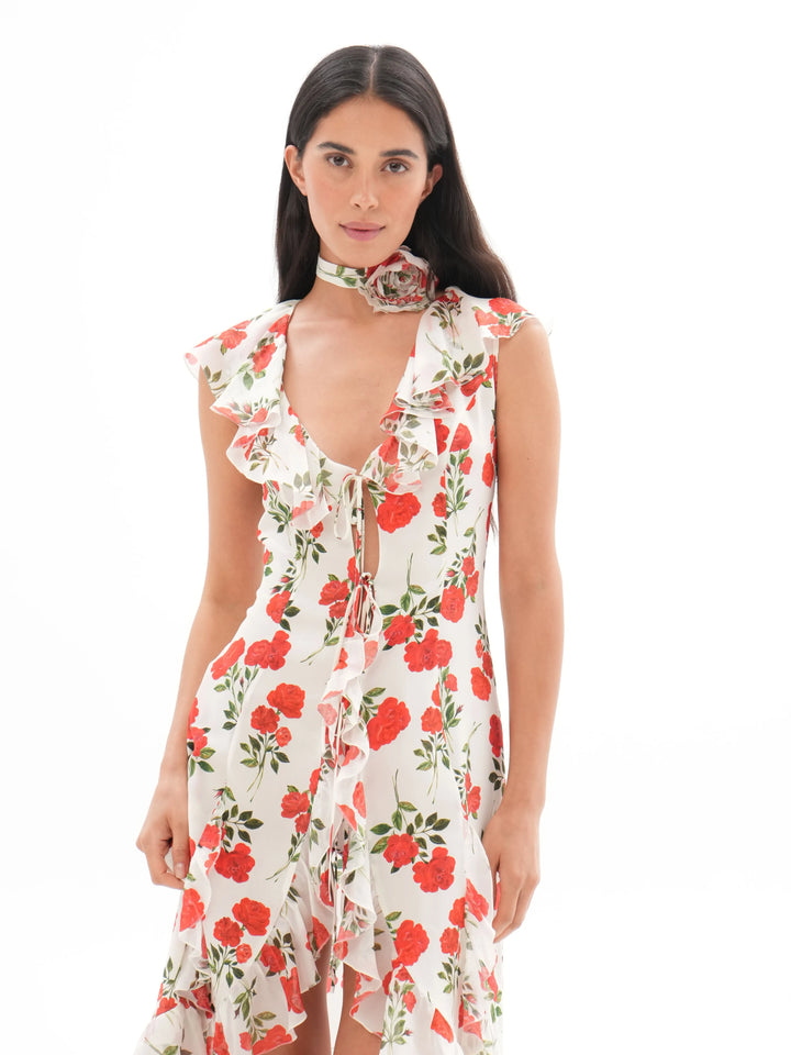 ANNA, A SILK BEACH MIDI DRESS WITH RUFFLES, IN CREAMY WHITE ADORNED WITH DELICATE RED FLOWERS