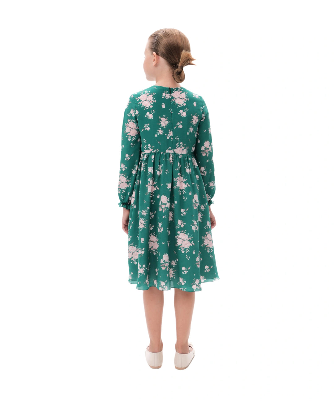 EVA, CHILDREN DRESS GREEN CREPE DE CHINE WITH MEDIUM LIGHT PINK FLOWERS