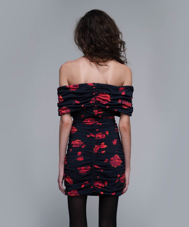 IREN MINI, MINI DRESS MADE OF BLACK BIFLEX WITH RED FLOWERS