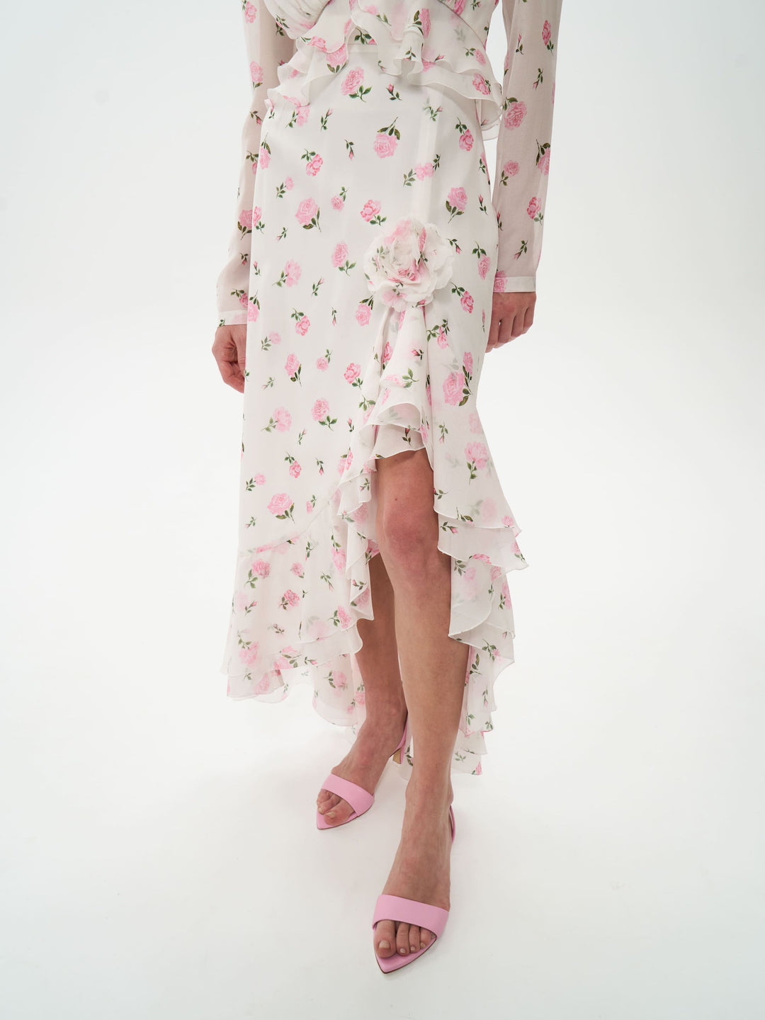 CARMEN, MIDI SKIRT MILKY WITH PINK ROSE PRINT