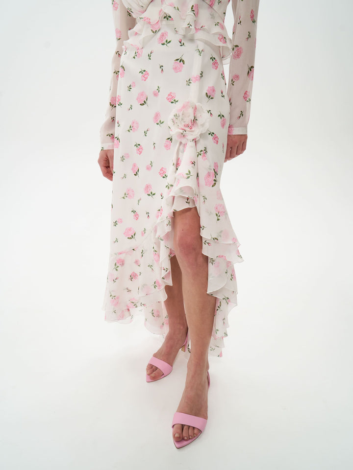 CARMEN, MIDI SKIRT MILKY WITH PINK ROSE PRINT