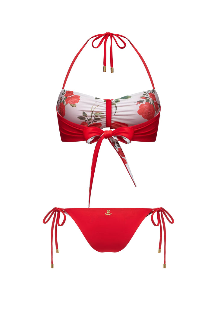 ROSEMARY, REVERSIBLE SWIMSUIT: BANDEAU TOP WITH A ROSE AND TIE-SIDE BIKINI BOTTOMS, MILKY WHITE WITH MEDIUM RED FLOWERS / RED