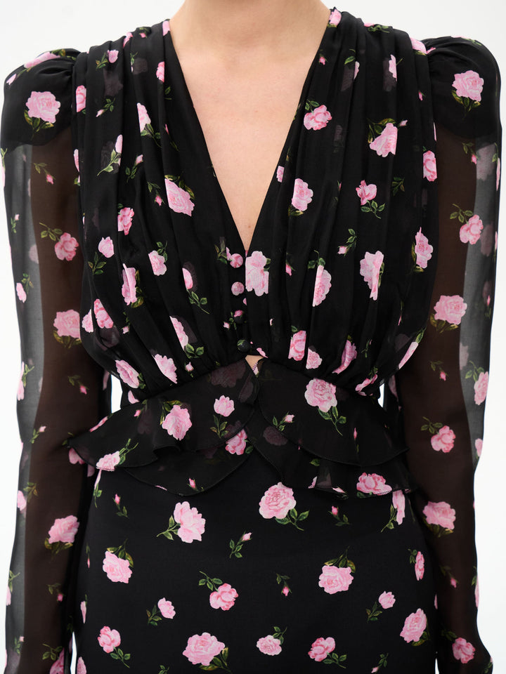 CAROLINA, BLOUSE BLACK WITH PINK ROSE PRINT