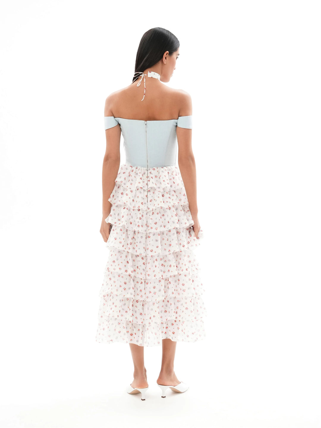 LISEN, A CORSET MIDI DRESS IN CREAMY WHITE ADORNED WITH DELICATE RED FLOWERS