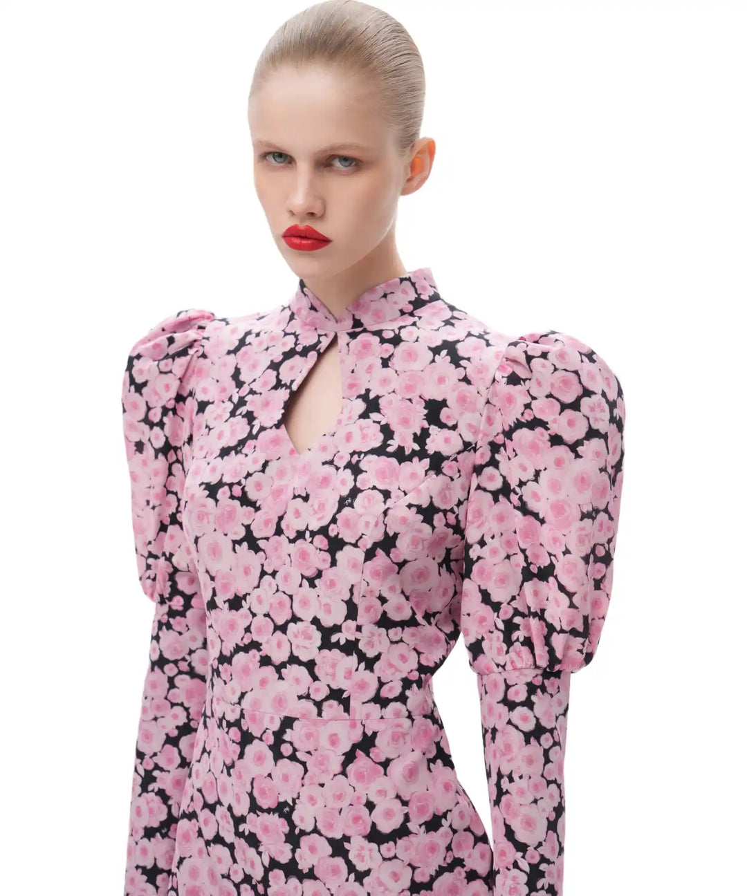 GIANNETTA MINI, BLACK CREPE DE CHINE MINI DRESS WITH MEDIUM PINK FLOWERS