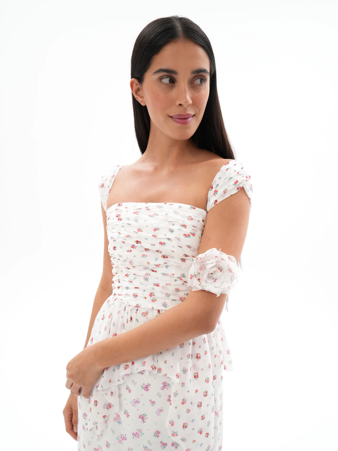 JEAN CORSET TOP WITH ASYMMETRICAL PEPLUM, MILKY WHITE WITH DELICATE RED BLOSSOMS