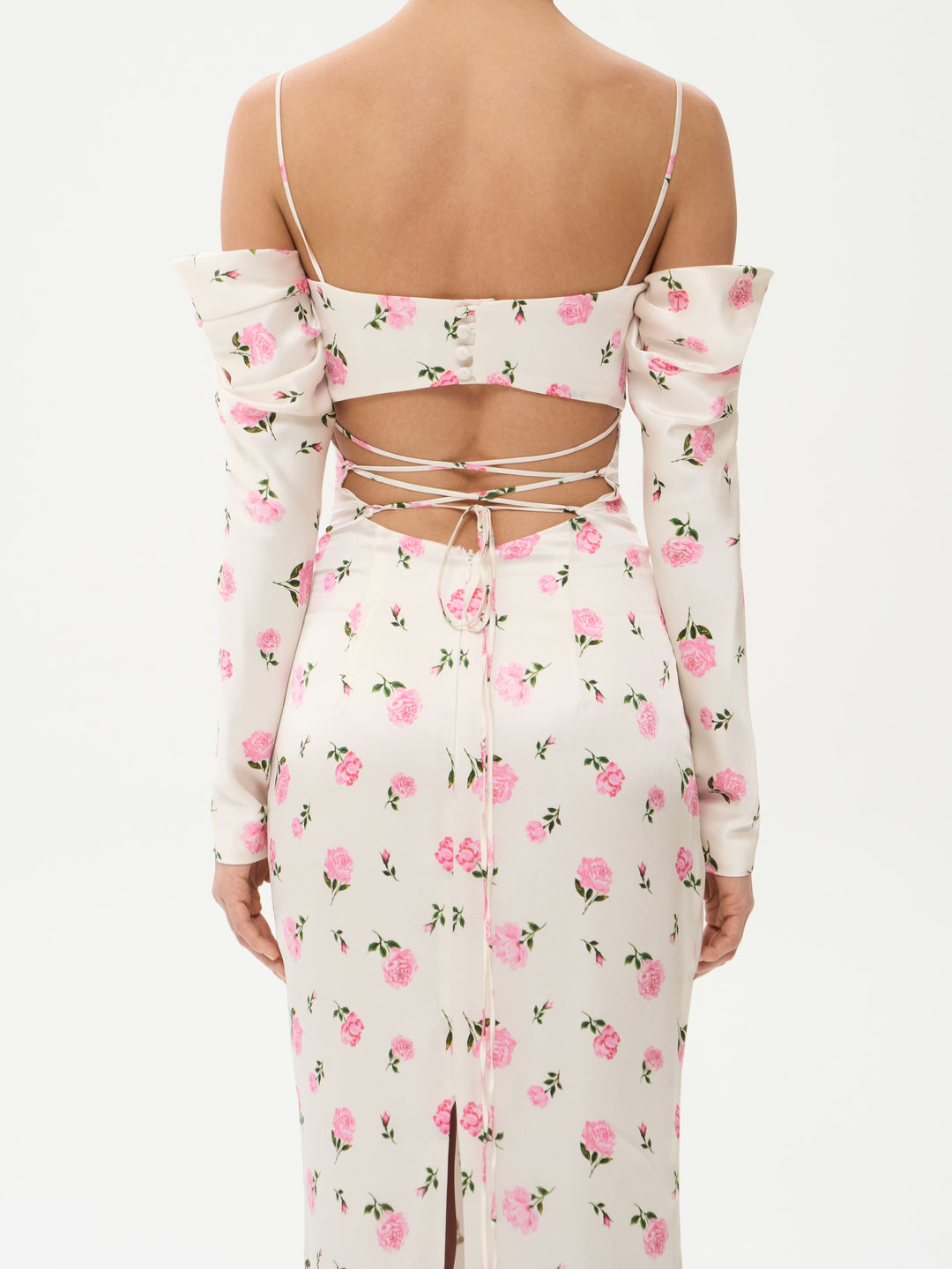 MARLEN, MAXI DRESS MILKY WITH PINK ROSE PRINT