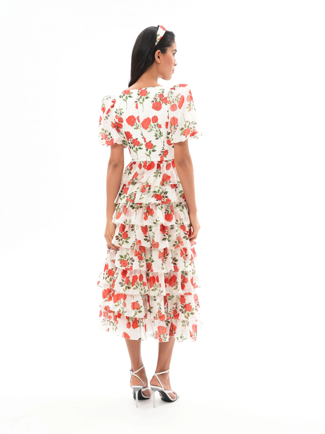 SUSANNA, SILK MAXI DRESS WITH FEATURING SCALLOPED TIERS FLORAL PRINT DRESS