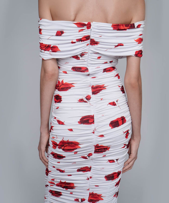 IREN, MIDI DRESS MADE OF IVORY BIFLEX WITH RED FLOWERS