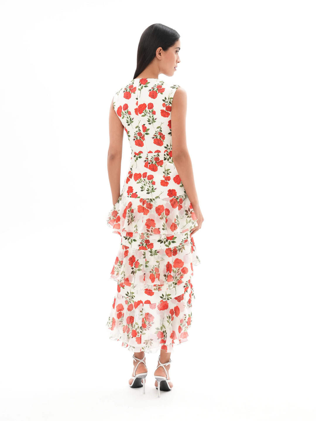 BEATA, A MIDI DRESS IN A CREAMY MILK   WITH DELICATE CRIMSON BLOSSOMS