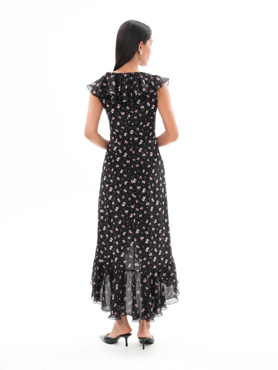 ANNETE, A SLEEVELESS MIDI DRESS WITH RUFFLES, IN BLACK ADORNED WITH DELICATE RASPBERRY FLOWERS