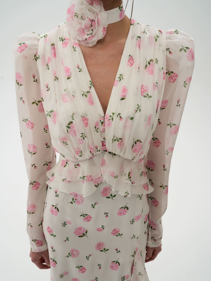 CAROLINA, BLOUSE MILKY WITH PINK ROSE PRINT